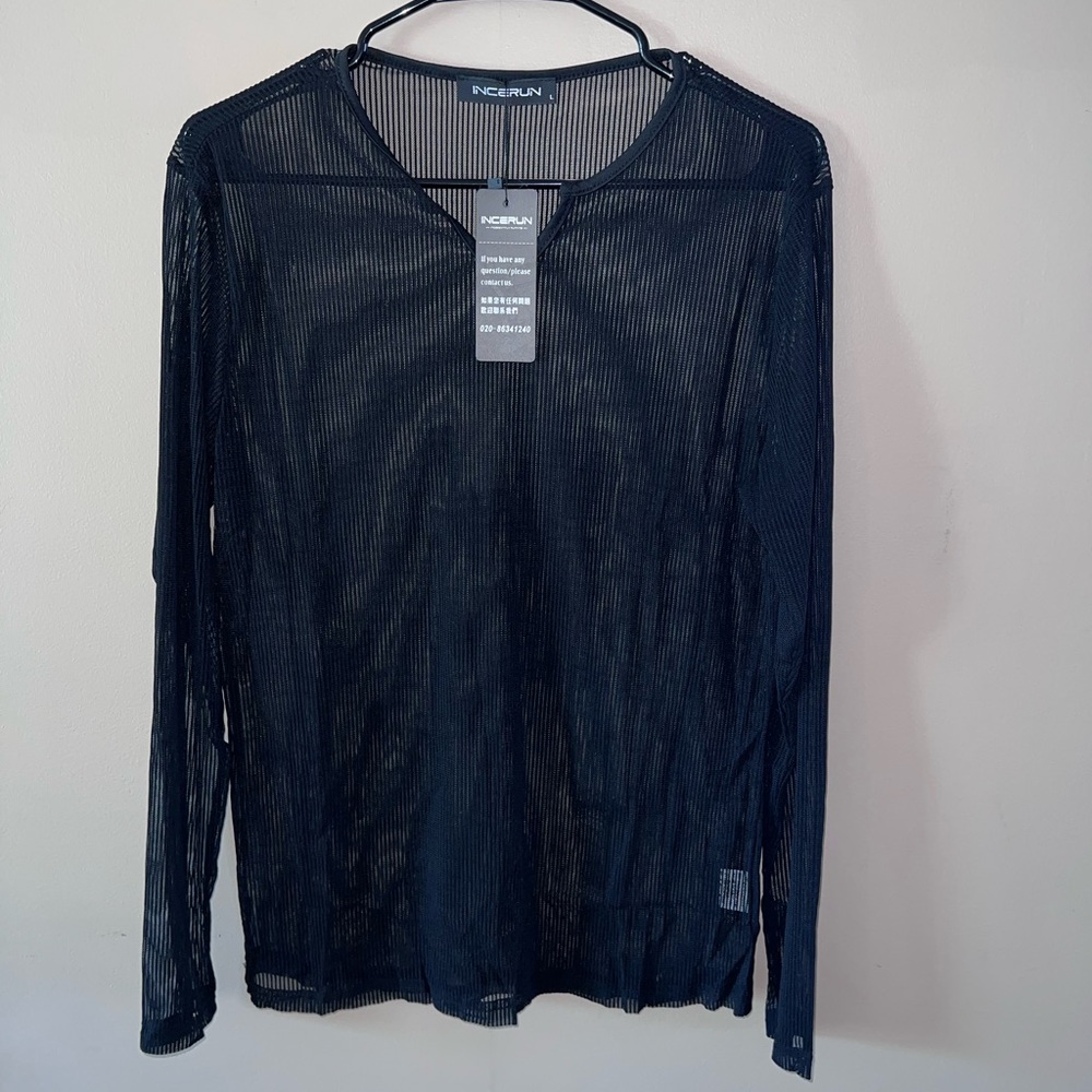 Men's Sheer Mesh See Through Notched V Neck Long Sleeve T Shirt Party Tops - Picture 2 of 7